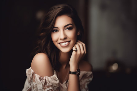 a beautiful young woman smiling at the camera while wearing elegant clothingの素材