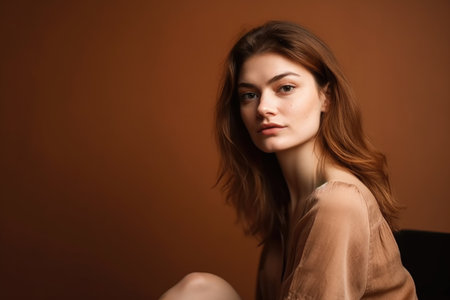 portrait of a beautiful young woman sitting in front of copyspaceの素材