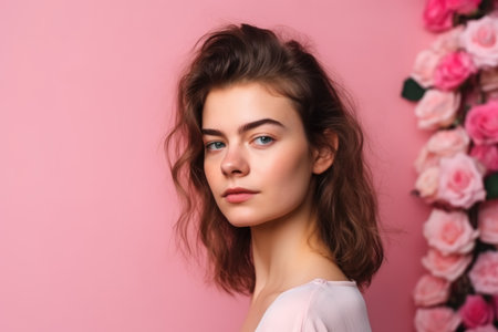 a gorgeous young woman posing against a pink backgroundの素材