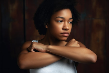 shot of a young woman holding her upper arms with self esteemの素材