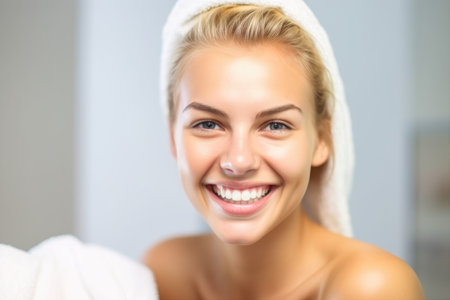 a young woman smiling at the camera wearing a towelの素材