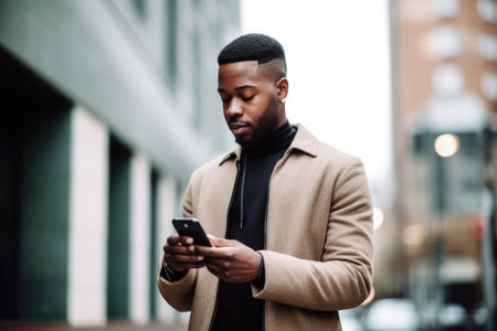 shot of a young man using his cellphone while standing outsideの素材