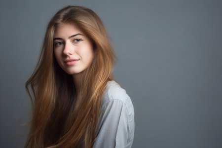 studio portrait of a beautiful young woman with long hair posing against a gray backgroundの素材