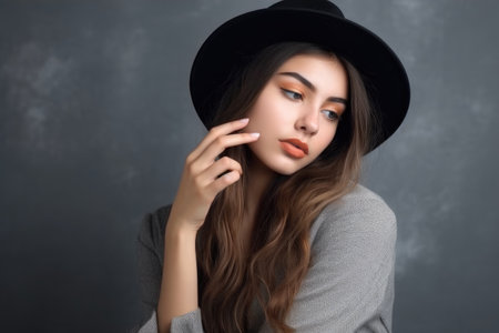 high angle shot of a stylish young woman on a gray backgroundの素材