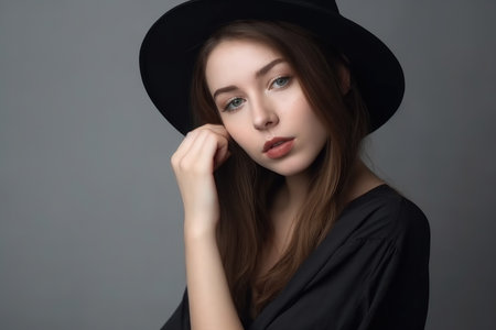 high angle shot of a stylish young woman on a gray backgroundの素材