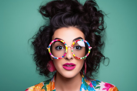 studio shot of a beautiful young woman wearing quirky glassesの素材