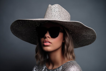 shot of a young woman wearing an oversize hat and sunglasses against a gray backgroundの素材