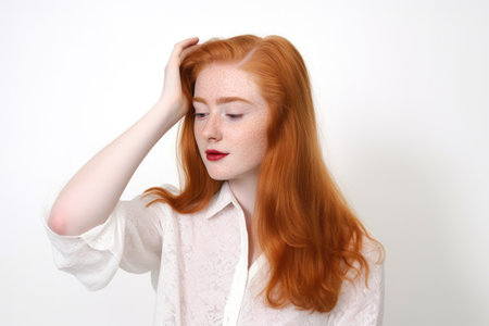 studio shot of a young woman holding her hair against a white backgroundの素材