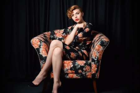 full length studio shot of a stylish young woman sitting in an armchairの素材