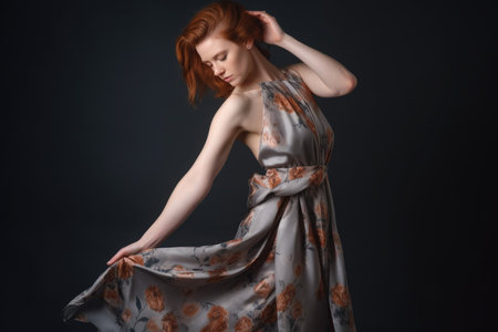 studio shot of a fashionable young woman holding out the hem of her dress against a gray backgroundの素材