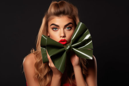 studio shot of a beautiful young woman holding an oversized bow in front of her mouthの素材