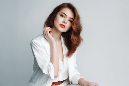 studio shot of a stylish young woman posing in her white blazerの素材