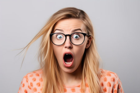 shot of a young woman wearing glasses and looking shocked against a studio backgroundの素材