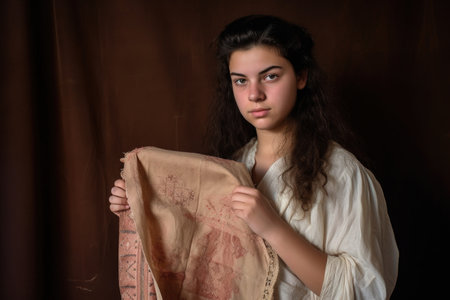 portrait of a young woman holding up a garment that she madeの素材