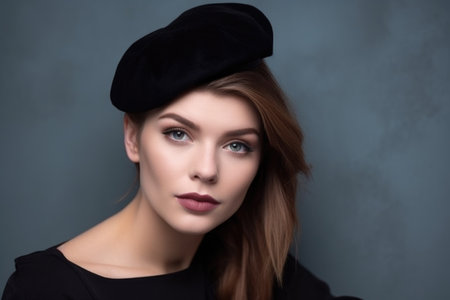 shot of an attractive young woman holding a black beret against a gray wallの素材