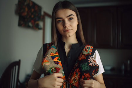 shot of a young woman holding up a vest she made at homeの素材