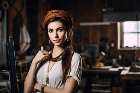 shot of an attractive young woman standing alone in her workshop and holding a fashion accessoryの素材