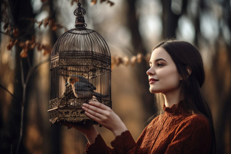 shot of a young woman holding up a decorative birdcageの素材