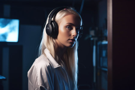 shot of a young woman wearing headphones while standing in a studioの素材