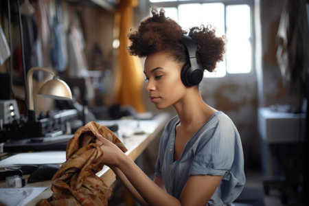 shot of a young woman wearing headphones while working with fabrics in her studioの素材