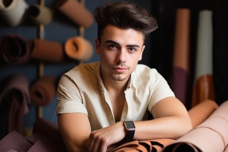 portrait of a handsome young male designer posing with material in his workshopの素材