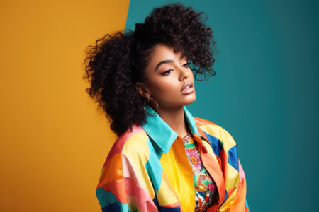 shot of a young woman wearing colorful clothing in a studioの素材