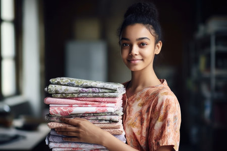shot of a young woman holding a stack of freshly printed fabricの素材