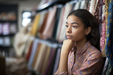 shot of a young female designer looking thoughtful while working in her fabric storeの素材