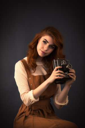 a beautiful young woman holding a vintage camera in studioの素材