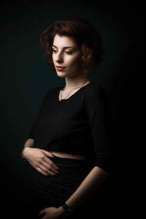 an attractive young woman with a hand on her bellyの素材