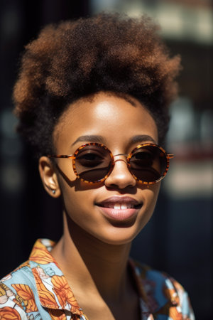 a cropped shot of a young woman wearing sunglasses outsideの素材
