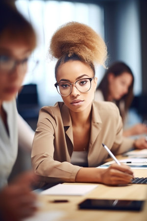shot of a young woman in glasses working at a desk with her colleagues in the backgroundの素材
