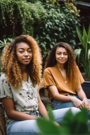 shot of a young woman and her friend sitting outside by a garden during the dayの素材