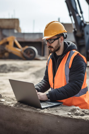 shot of a young man using his laptop while working at a construction siteの素材