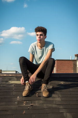 portrait of a young man sitting on the roof of a buildingの素材