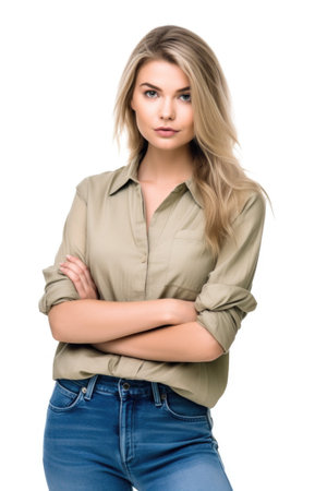 studio shot of an attractive young woman in casual wear isolated on whiteの素材