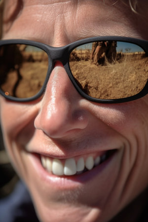 a cropped close up of a woman smiling at the camera with her eyes hidden behind sunglassesの素材