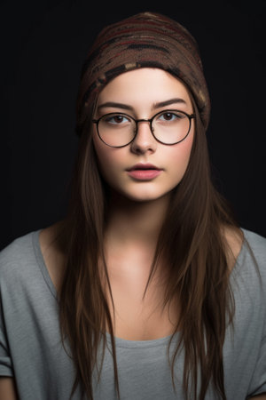 studio shot of an attractive young woman wearing glasses and a beanieの素材