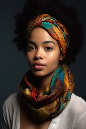 shot of a young woman wearing a colorful scarf in the studioの素材