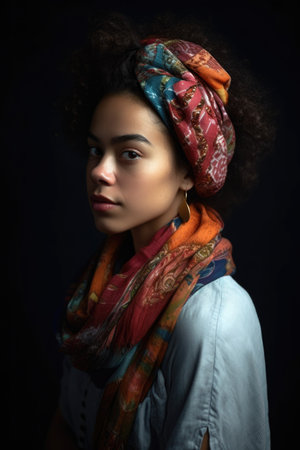 shot of a young woman wearing a colorful scarf in the studioの素材