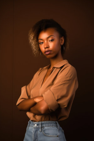 shot of an attractive young woman standing in a studio against a brown backgroundの素材