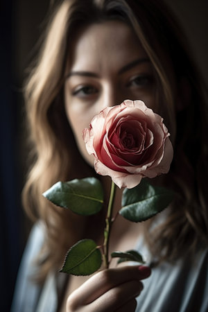 shot of an attractive young woman holding a fake rose in her handの素材