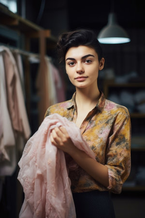 shot of a young woman holding up some fabric in a workshopの素材