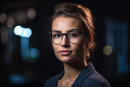 reporter, studio and a woman with glasses in hands for news bulletinの素材