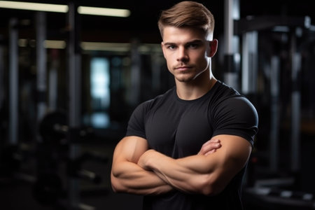 portrait of a handsome young male athlete standing with his arms crossed in the gymの素材