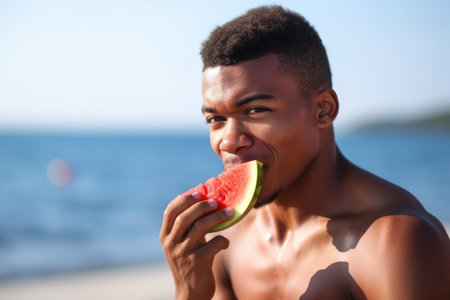 portrait of a young man eating watermelon at the beachの素材
