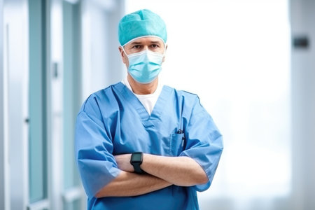 doctor or surgeon with hands in pocket and surgical mask at hospital healthcare consultationの素材