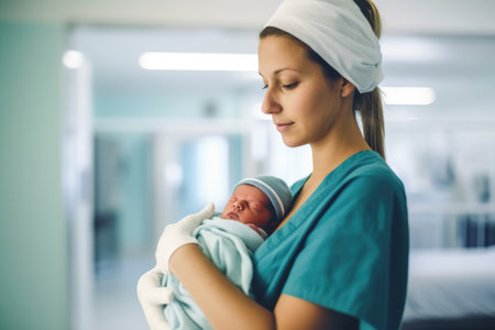 cropped shot of a woman holding her newborn baby in the hospitalの素材