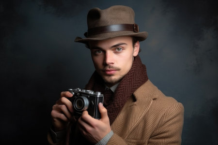 portrait of a confident young man holding a vintage cameraの素材