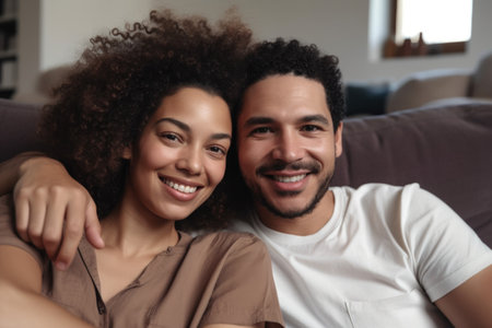 portrait of a happy mixed race couple relaxing on the sofa together at homeの素材